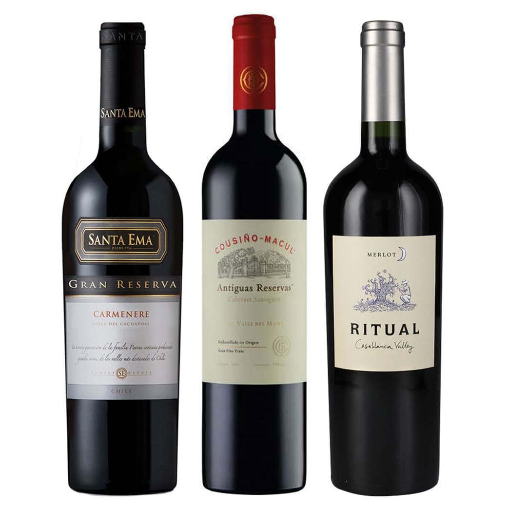 BLACK TRIO N°9: Vino Santa Ema Gran Reserva Carmenere 750cc + Vino Ritual Merlot 750cc + Vino Cousiño Macul Antiguas Reservas Cabernet Sauvignon 750cc_1