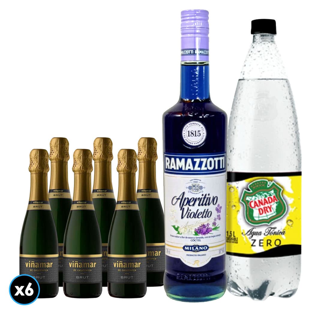 Pack Spritz Ramazzotti - Viñamar: 6x Viñamar Charmat Brut Botella 375cc + Agua Tónica Canada Dry Zero 1,5lt + Ramazzotti Violetto 700cc_1