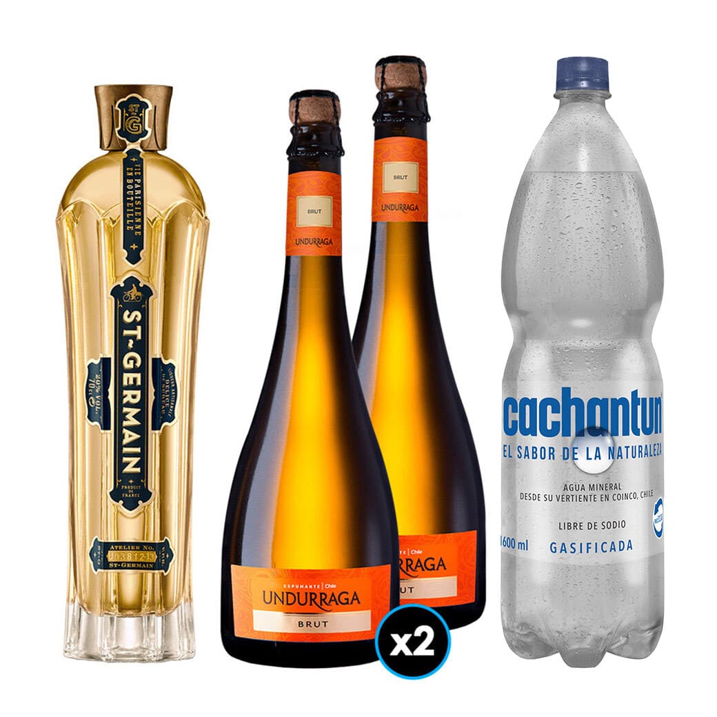 PACK SPRITZ PERFECTO N°15 1x Saint Germain Licor de Flores de Sauco 750cc + 2x Espumante Undurraga Brut + 1x Agua Mineral Cachantun Con Gas 1.6 Litros_1