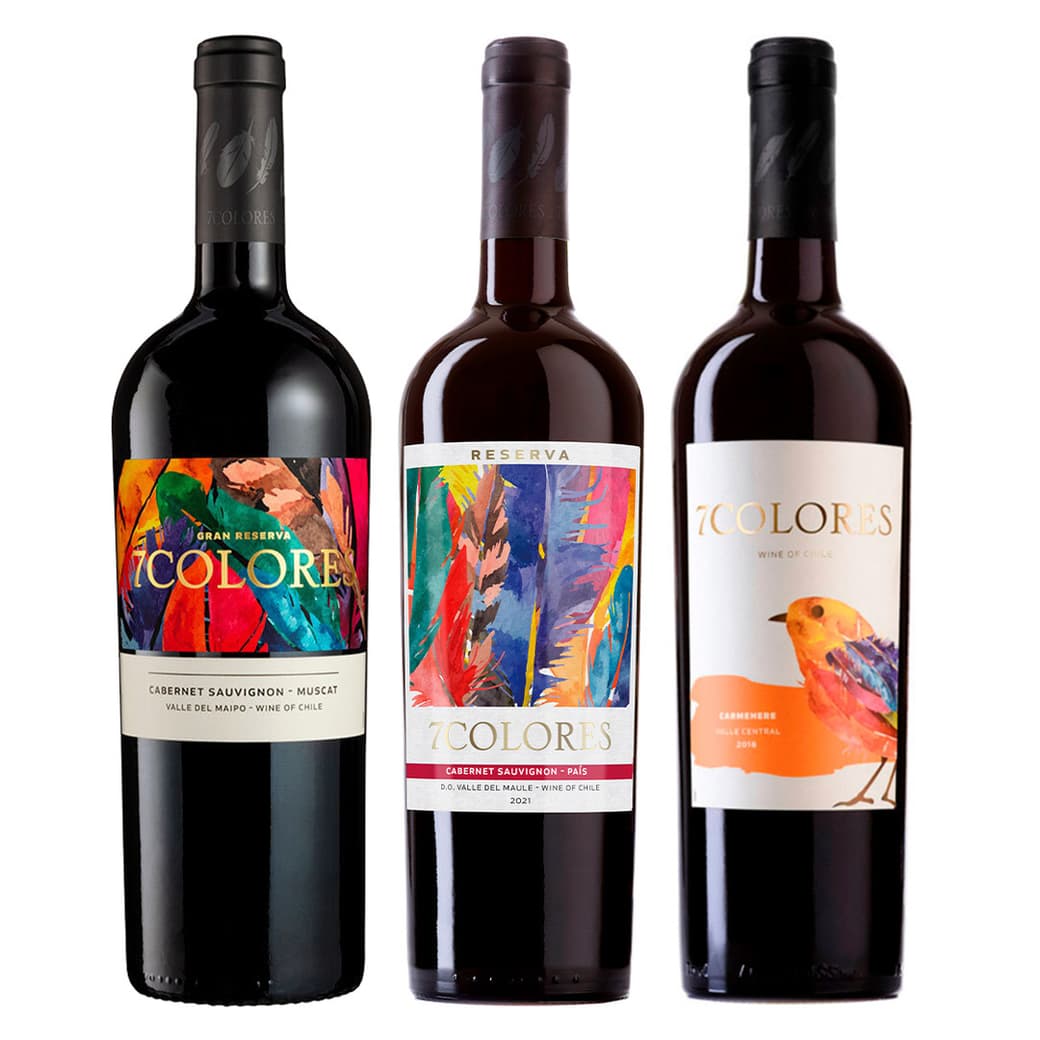PACK 7 COLORES N°6: 1x Vino 7 Colores Gran Reserva Cabernet Sauvignon-Muscat 750cc + 1x Vino 7 Colores Reserva Cabernet Sauvignon Pais 750cc + 1x Vino 7 Colores Carmenere 750cc_1