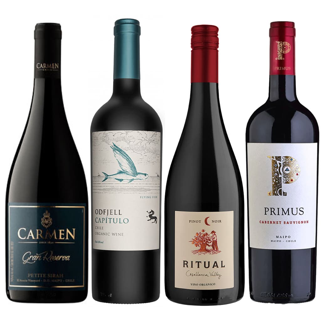EL PACK DE PEDRO: Vino Carmen Gran Reserva Petite Syrah 750cc + Vino Odfjell Gran Reserva Capítulo Flying Fish (CA/CS/MA) 750cc + Vino Ritual Pinot Noir Orgánico750cc + Vino Primus Cabernet Sauvignon 750 cc_1