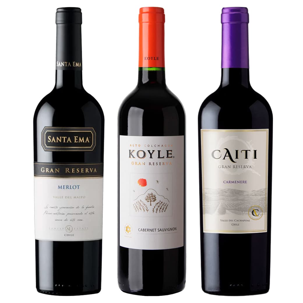 GRAN TRIO N°10: 1x Vino Santa Ema Gran Reserva Merlot 750cc + 1x Vino Koyle Gran Reserva Cabernet Sauvignon 750cc + 1x Vino Caiti Gran Reserva Carmenere 750cc_1