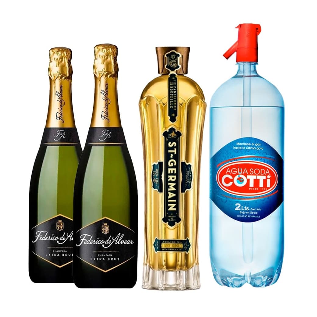 PACK SPRITZ PERFECTO (ST GERMAIN - FEDERICO DE ALVEAR): 1x Saint Germain Licor de Flores de Sauco 750cc + 2x Espumante Federico de Alvear Extra Brut 750cc + 1x Agua Soda Cotti 2 Litros_1
