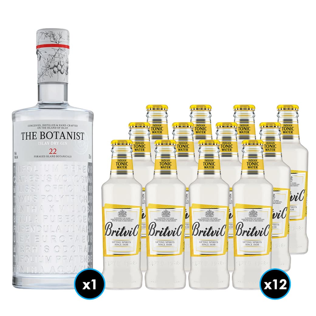 PACK BOTANIST + BRITVIC TONICA: 1x Gin The Botanist (31 BOTANICOS - 22 ENDEMICOS DE ISLAY) 700cc 46º alc. + 12x Britvic Agua Tónica 200cc_1