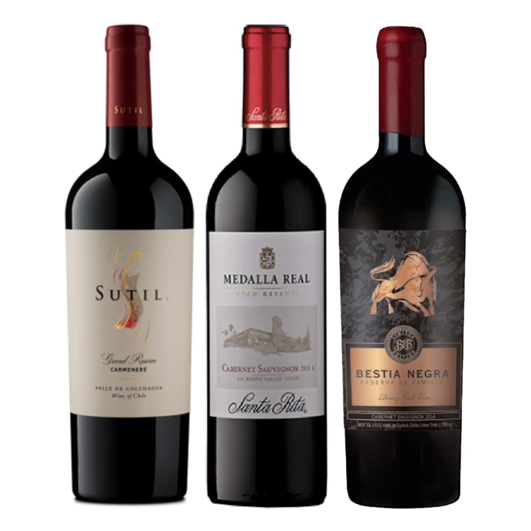 PACK MEDALLA BESTIA SUTIL: Vino Sutil Gran Reserva Carmenere 750cc + Vino Medalla Real Gran Reserva Cabernet Sauvignon 750cc + Vino Bestia Negra Cabernet Sauvignon 750cc_1