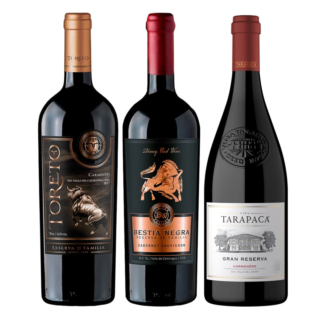 PACK TORETO RF N°3: 1x Vino Toreto Reserva de Familia Carmenere 750cc + 1x Vino Bestia Negra Carmenere 750cc + 1x Vino Tarapacá Gran Reserva Carmenere 750cc_1