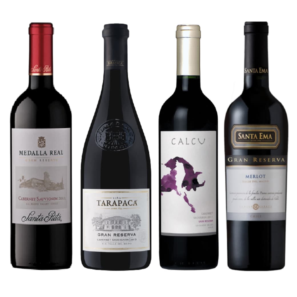 PACK GRAN RESERVA Nº4: Vino Medalla Real Gran Reserva Cabernet Sauvignon 750cc + Vino Tarapacá Gran Reserva Cabernet Sauvignon 750cc + Vino Calcu Gran Reserva Cabernet Sauvignon 750cc + Vino Santa Ema Gran Reserva Merlot 750cc_1