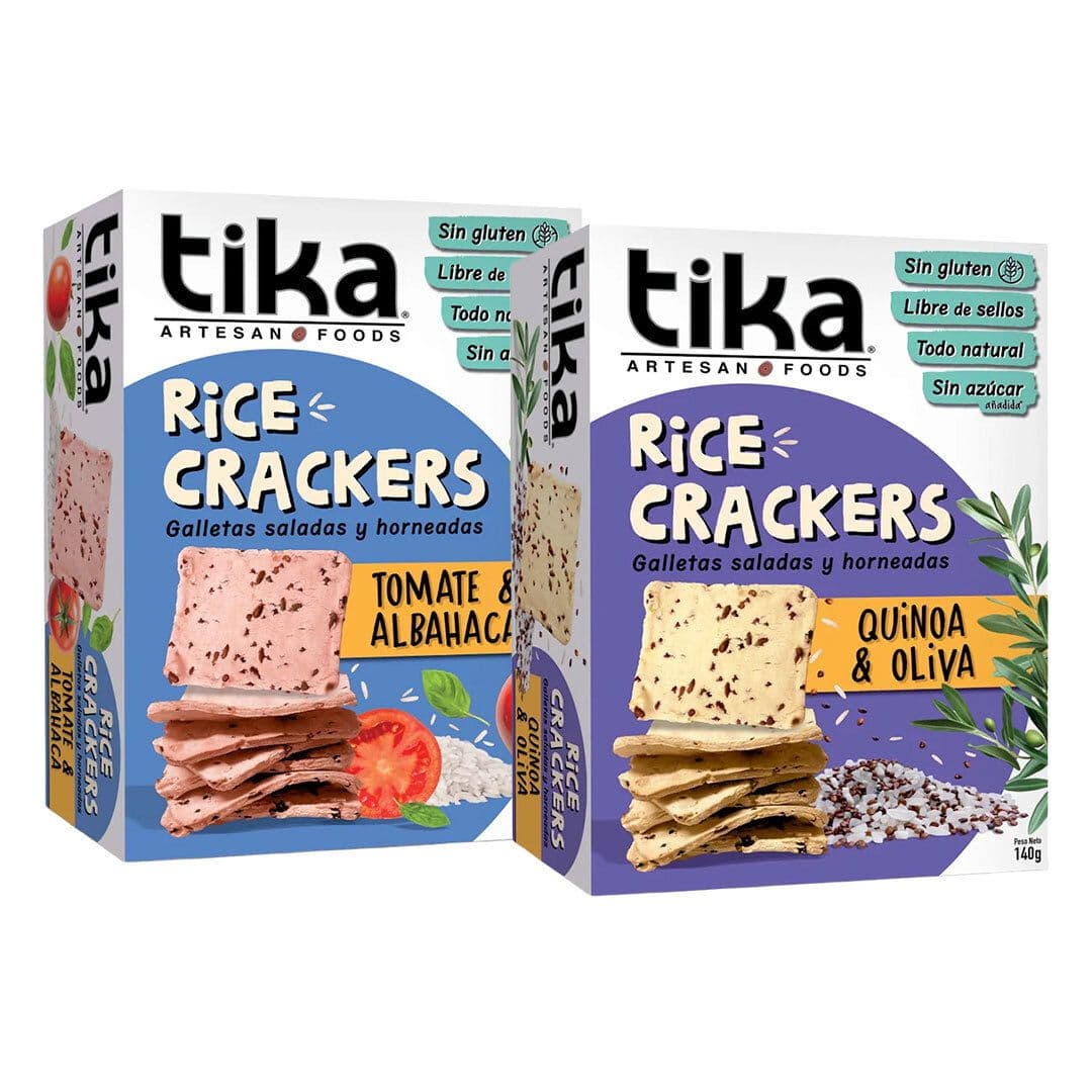 DÚO TIKA RICE CRACKERS (Quinoa-Oliva, Tomate-Albahaca): 2x Variedades Galletas Tika Crackers 140 grs._1