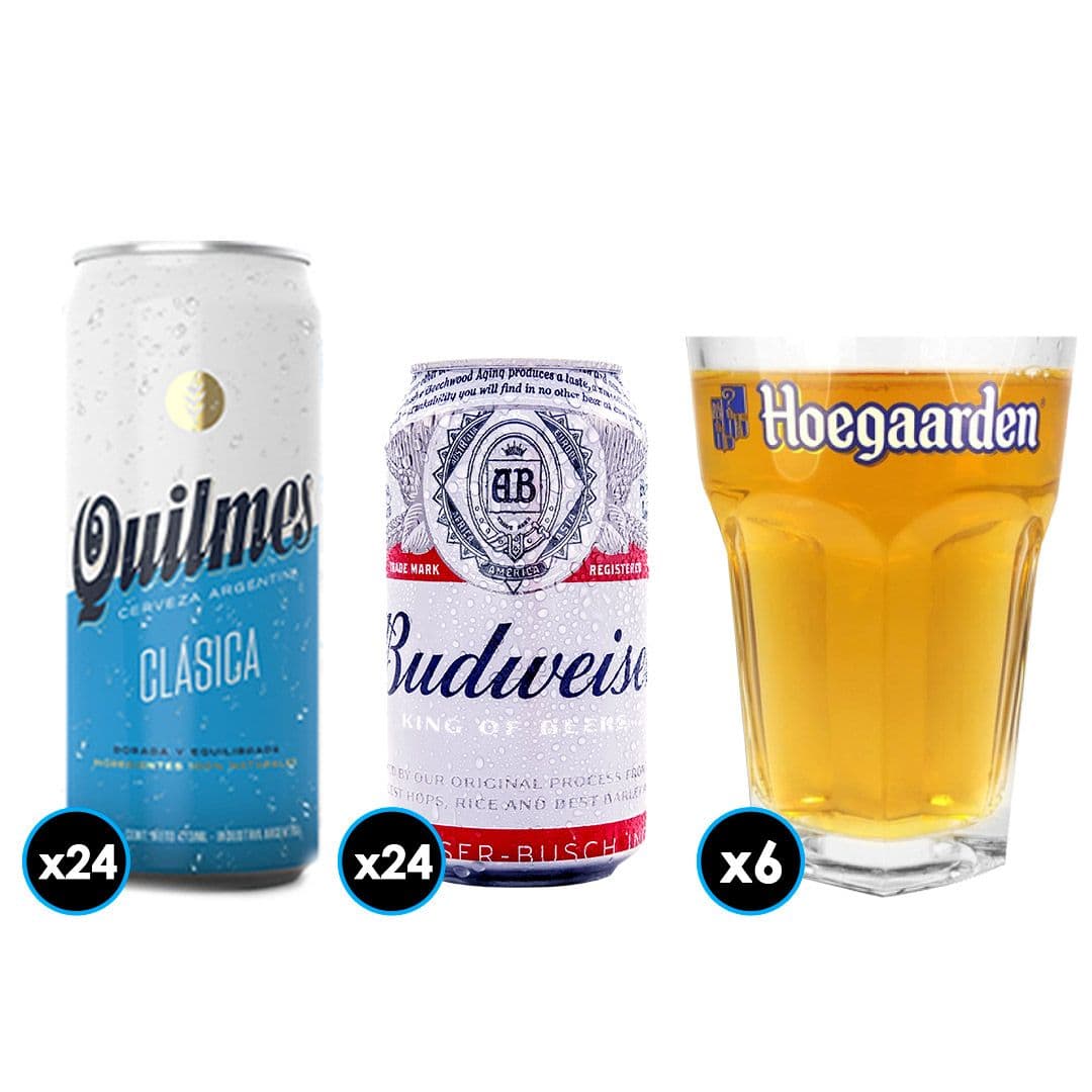 PACK CERVEZA: 24x Cerveza Budweiser en Lata 354cc + 24x Cerveza Quilmes Lata 473cc + 6x Vaso Vidrio Hoegaarden 500cc_1