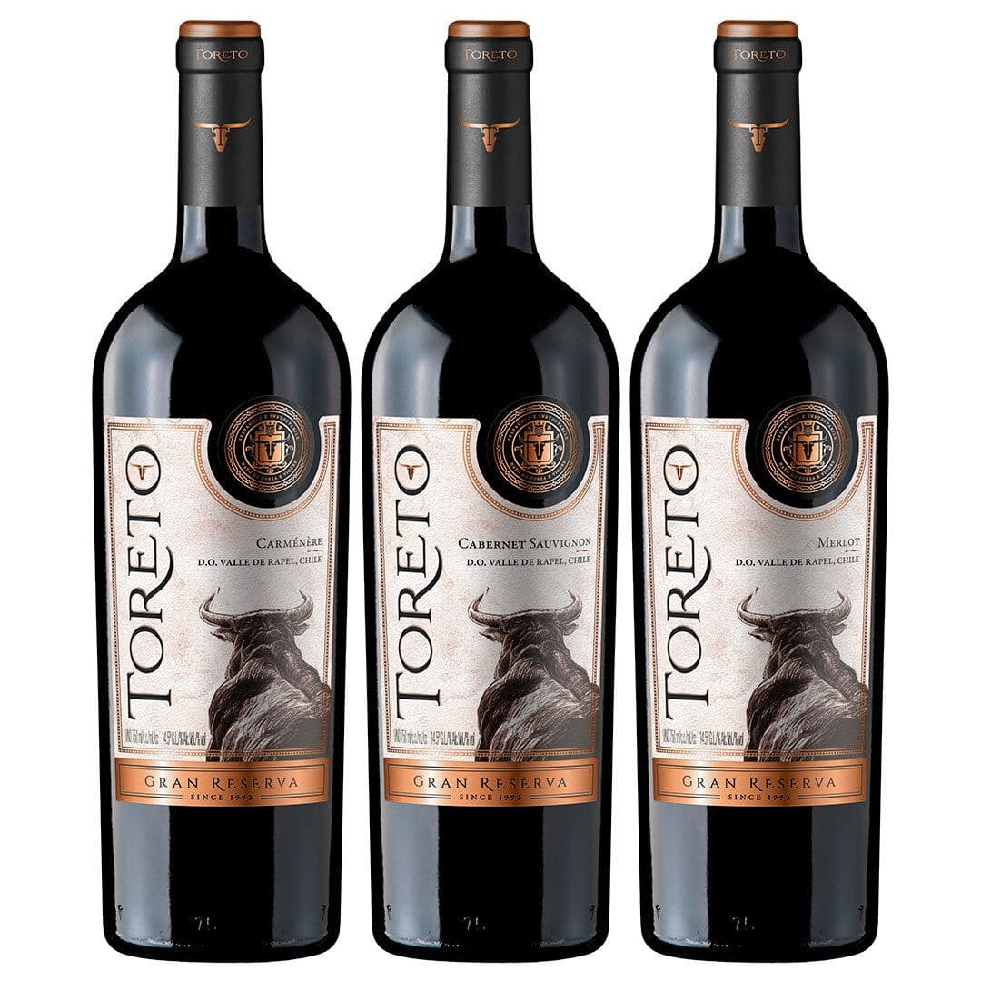 PACK TORETO GRAN N°1: 1x Vino Toreto Gran Reserva Carmenere 750cc + 1x Vino Toreto Gran Reserva Cabernet Sauvignon 750cc + 1x Vino Toreto Gran Reserva Merlot 750cc_1