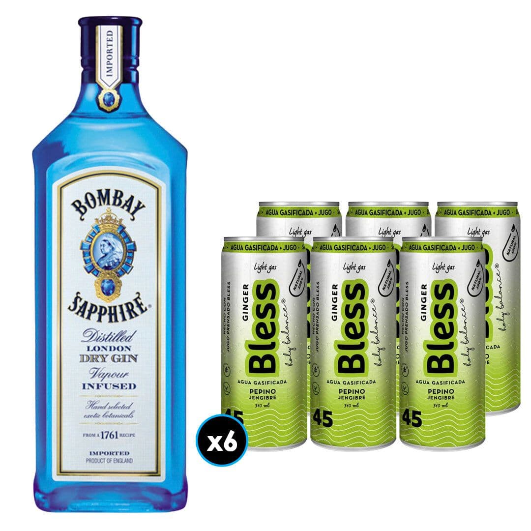 6x Agua Bless Pepino y Jengibre con Gas 310cc + Gin Bombay Sapphire 750cc 40º alc._1