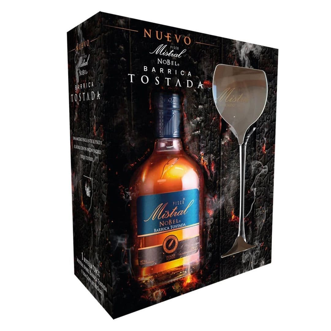 KIT Pisco Mistral Nobel Barrica tostada 750cc 40° + copa Mistral_1