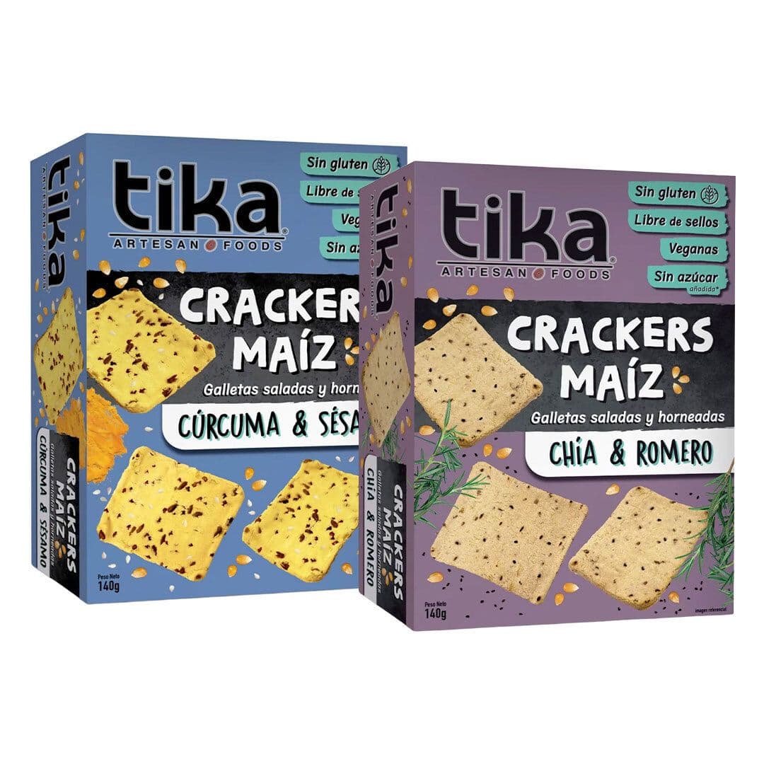 DÚO TIKA CRACKERS (Cúrcuma-Sésamo, Chía-Romero): 2x Variedades Galletas Tika Crackers 140 grs._1