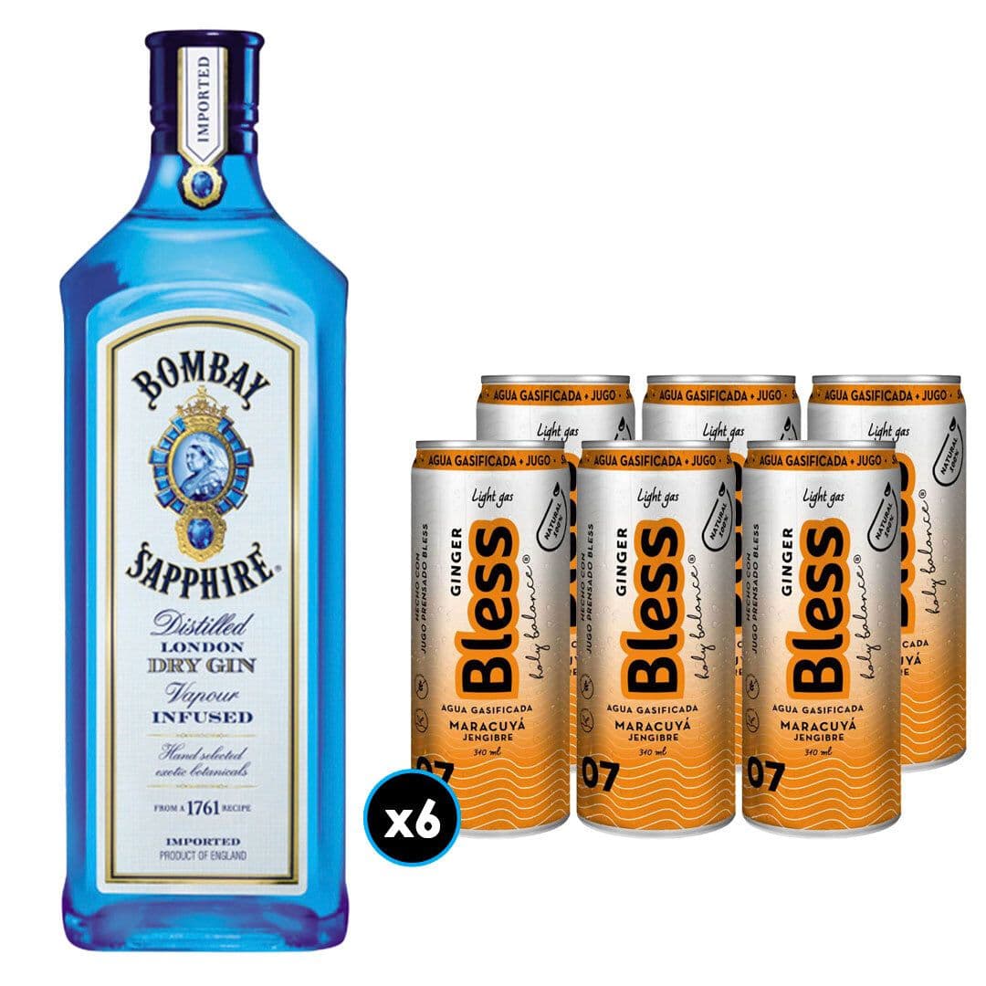 6x Agua Bless Maracuya y Jengibre con Gas 310cc + Gin Bombay Sapphire 750cc 40º alc._1