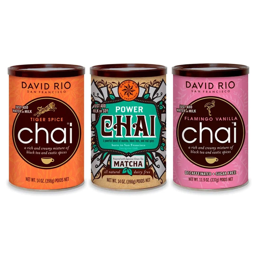 TRIO DE CHAI DAVID RIO: 1x Té Tiger Spice Chai David Rio Tarro 398gr + 1x Té Power Chai Matcha - Vegano David Rio Tarro 398gr + 1x Té Flamingo Vanilla Chai David Rio Tarro 398gr_1