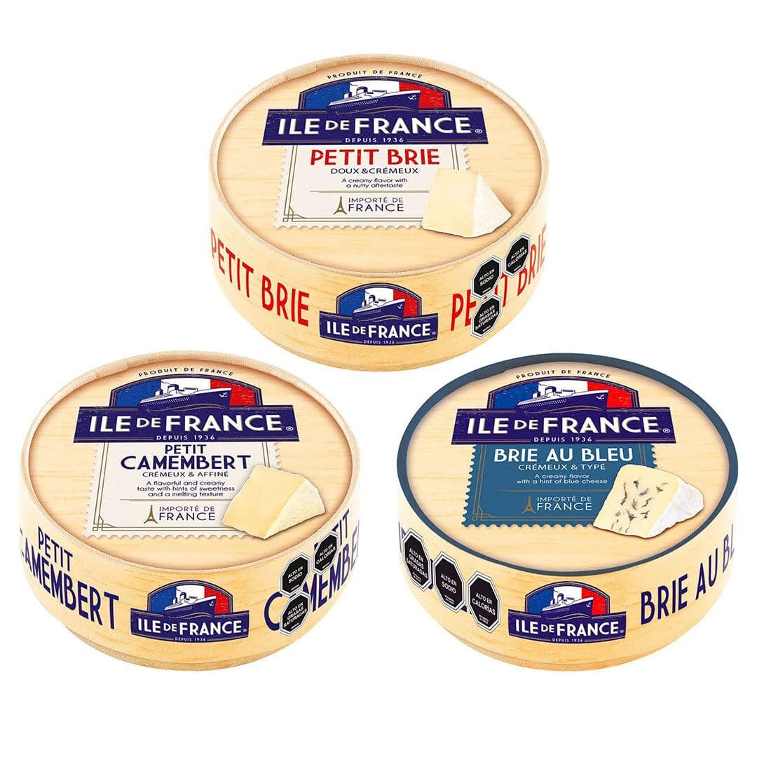 TRIO QUESOS FRANCESES: Queso Petit Brie Ile de France 125 grs. + Queso Petit Camembert Ile de France 125 grs. + Queso Brie Au Bleu Ile de France 125 grs._1