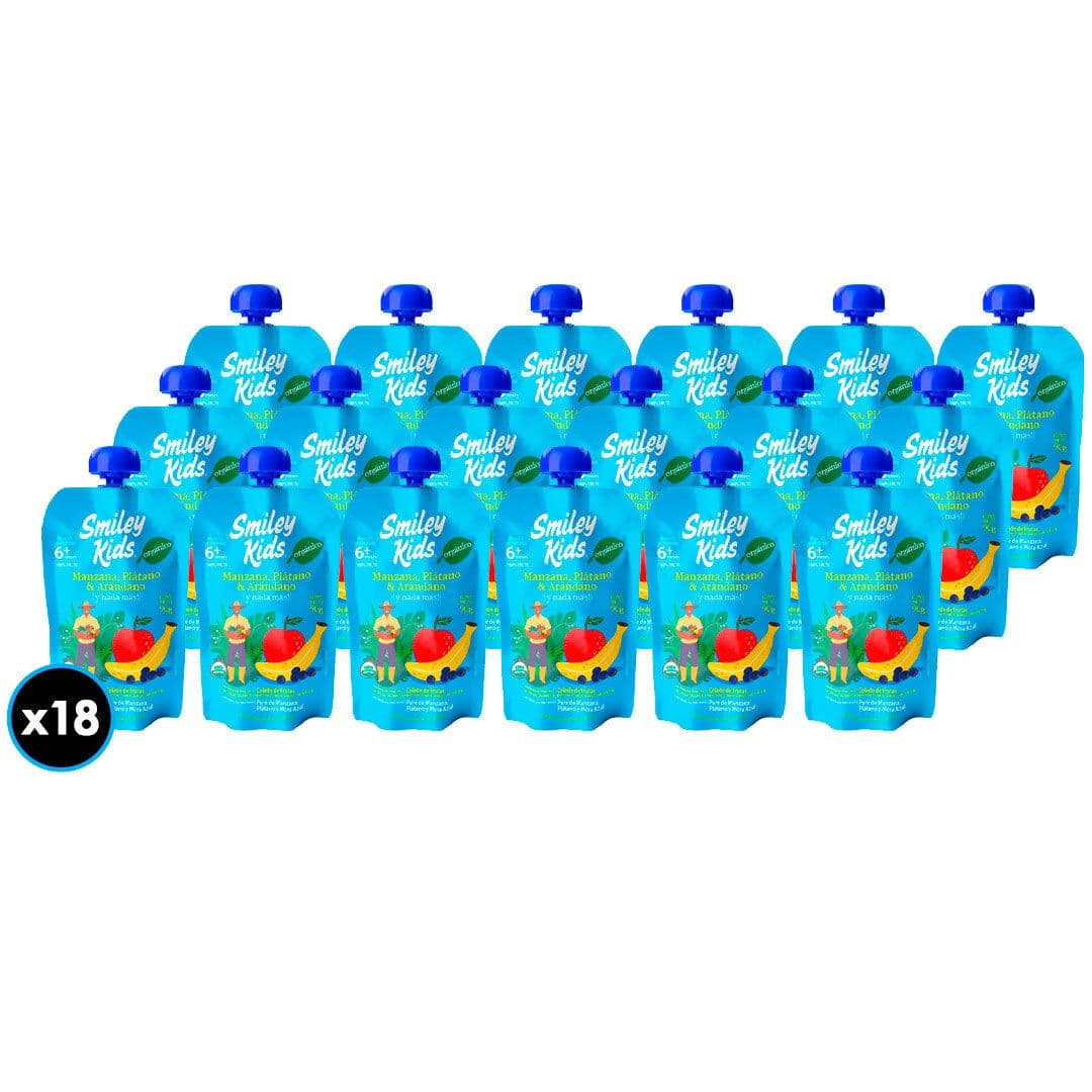18x Puré Orgánico Smiley Kids Manzana Plátano Arándano 90 grs._1