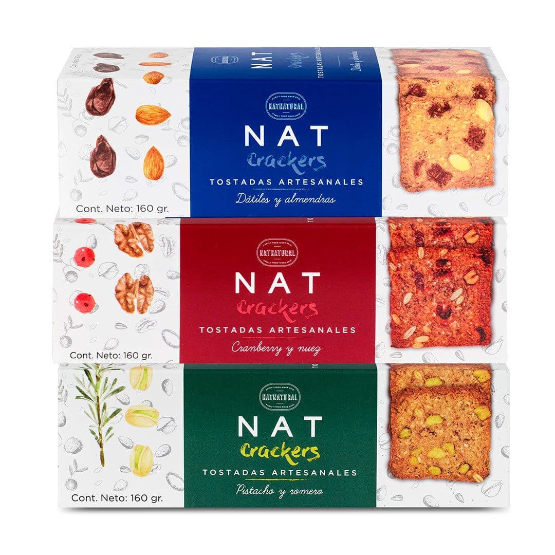 TRÍO NATCRACKERS (Pistacho-Romero, Dátil-Almendras, Cranberry-Nuez): 3x Variedades Galletas Natcrackers 160 grs._1