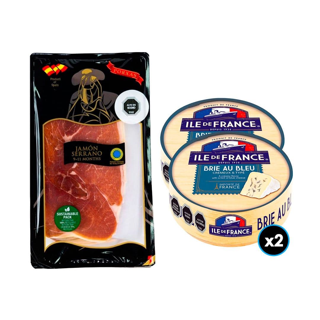 PACK PORXAS - ILE DE FRANCE N°1: 1x Jamón Serrano Porxas 500 grs. + 2x Queso Brie Au Bleu Ile de France 125 grs._1