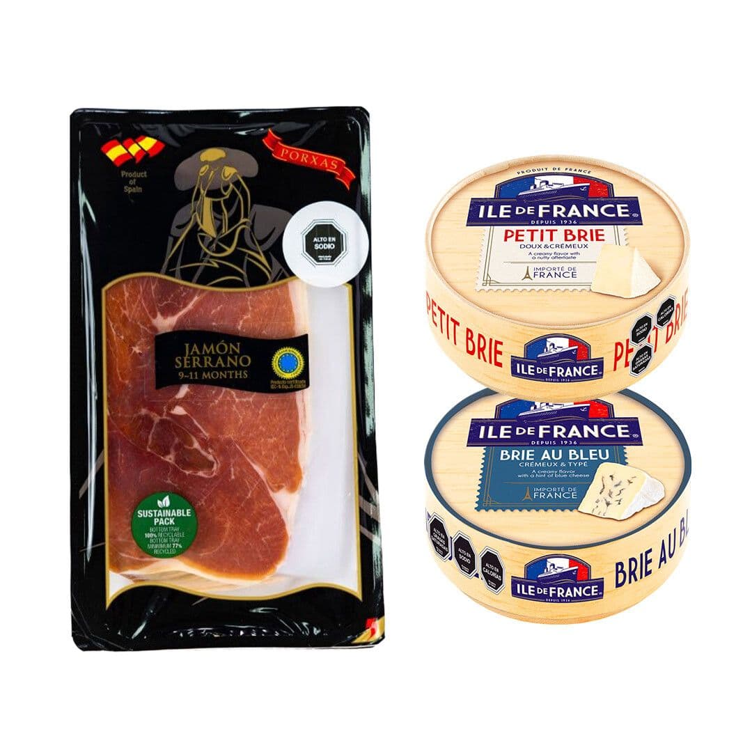 PACK PORXAS - ILE DE FRANCE N°2: 1x Jamón Serrano Porxas 500 grs. + 1x Queso Brie Au Bleu Ile de France 125 grs. + 1x Queso Petit Brie Ile de France 125 grs._1