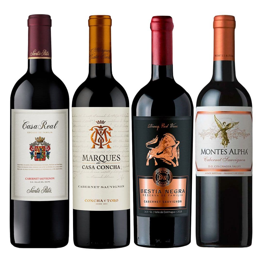 PACK MIX CABERNET N°1: 1x Vino Casa Real Cabernet Sauvignon 750cc + 1x Vino Marques de Casa Concha Cabernet Sauvignon 750cc + 1x Vino Bestia Negra Cabernet Sauvignon 750cc + 1x Vino Montes Alpha Cabernet Sauvignon 750cc_1
