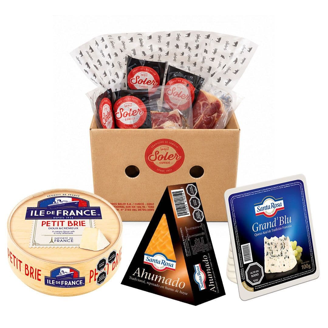 PACK SOLER - SANTA ROSA N°1: 1x Caja Experiencia de Charcutería Soler + 1x Queso Ahumado Tradición Santa Rosa + 1x Queso Azul Cuña Santa Rosa + 1x Queso Petit Brie Ile de France _1