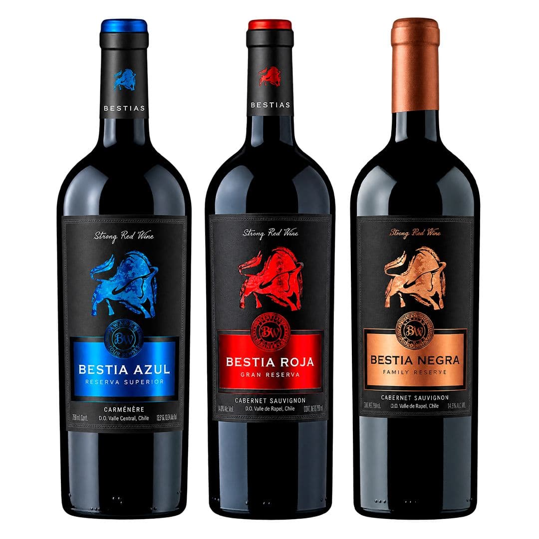 PACK BESTIAS (Cabernet): Vino Bestia Azul Cabernet Sauvignon 750cc + Vino Bestia Roja Gran Reserva Cabernet Sauvignon 750cc + Vino Bestia Negra Cabernet Sauvignon 750cc_1