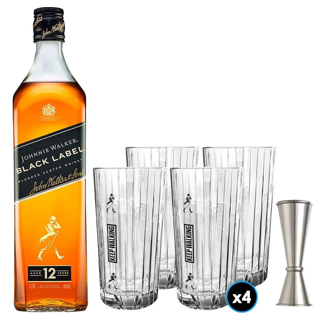 PACK JW BLACK LABEL 1L: 1x Whisky Johnnie Walker Black Label 1L40º alc. + 4x Vaso Highball JW Black +1x Jigger_1