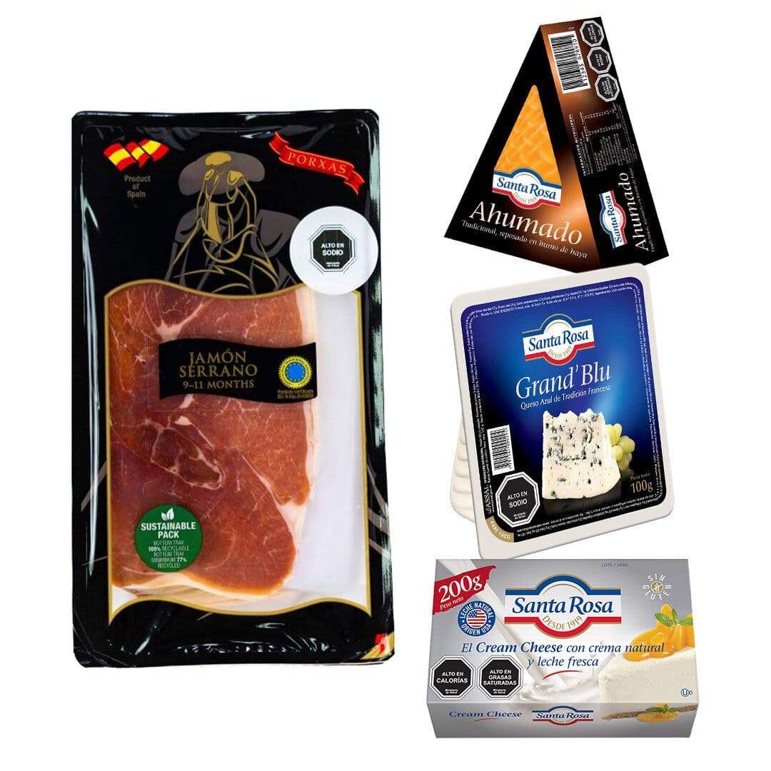 PACK PORXAS - SANTA ROSA: 1x Jamón Serrano Porxas 500 grs. + Queso Ahumado Tradición Santa Rosa 100 grs. + Queso Crema Americano Santa Rosa 200 grs. + Queso Azul Cuña Santa Rosa 100 grs._1