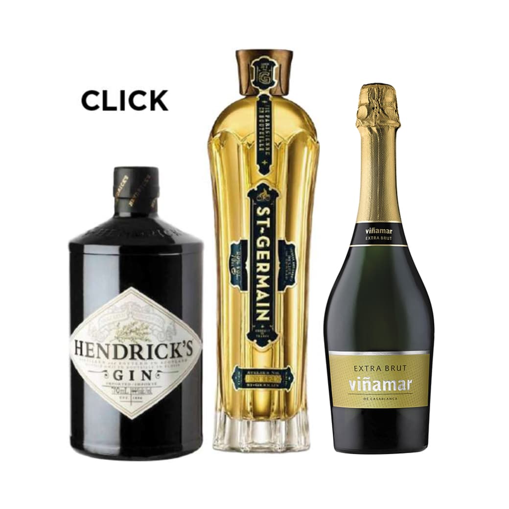 CLICK: Gin Hendricks 700cc 41,4º alc. + Saint Germain Licor de Flores de Sauco 750cc + Espumante Viña Mar Extra Brut 750cc_1