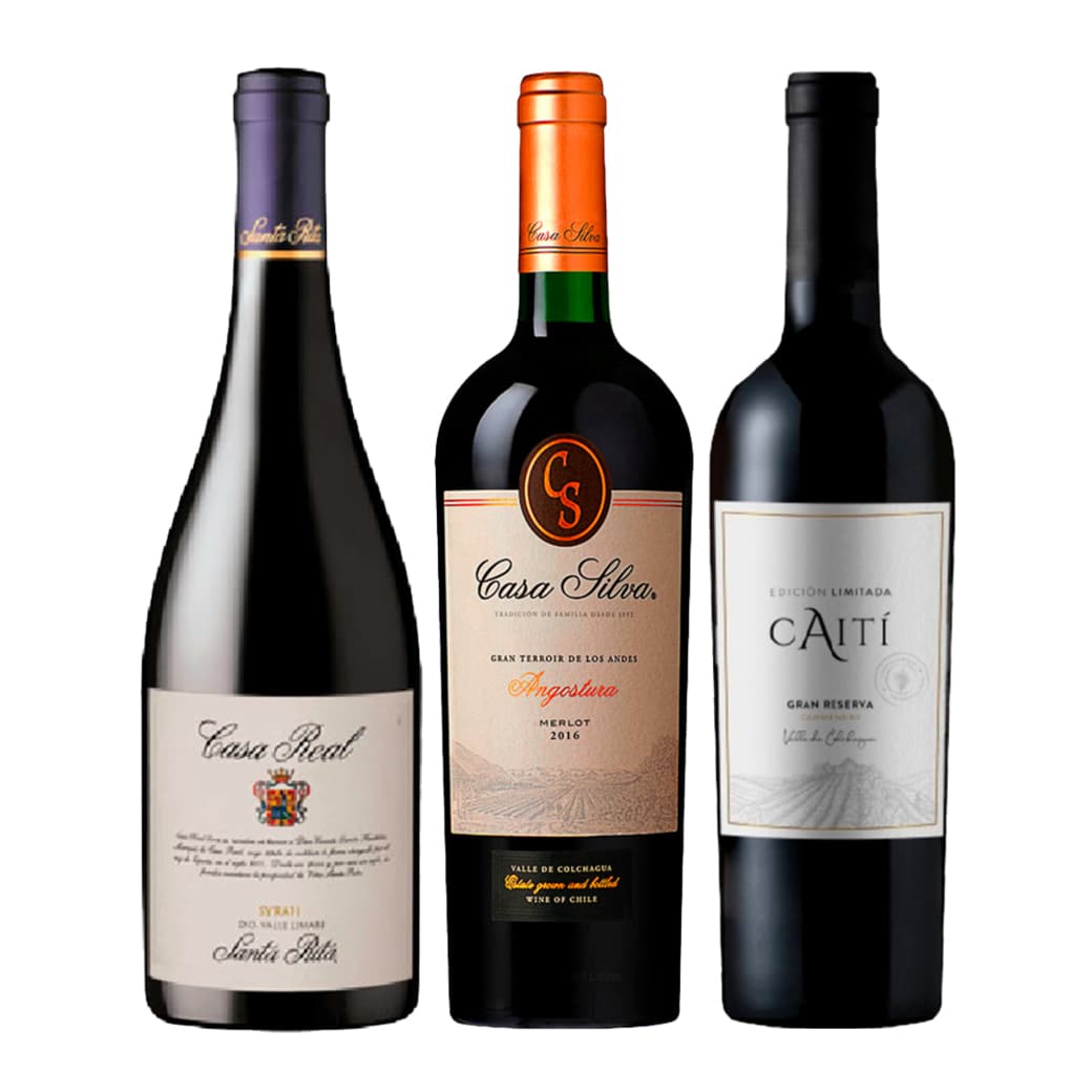 PACK TRIO CASAS CAITI: 1x Vino Casa Real Syrah 750cc + 1x Vino Casa Silva Gran Terroir Merlot 750cc + 1x Vino Caiti Gran Reserva Carmenere 750cc_1