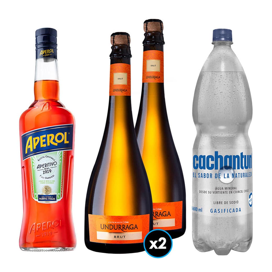 PACK SPRITZ PERFECTO N°9 1x Licor Aperitivo Aperol 750cc + 2x Espumante Undurraga Brut + 1x Agua Mineral Cachantun Con Gas 1.6 Litros_1
