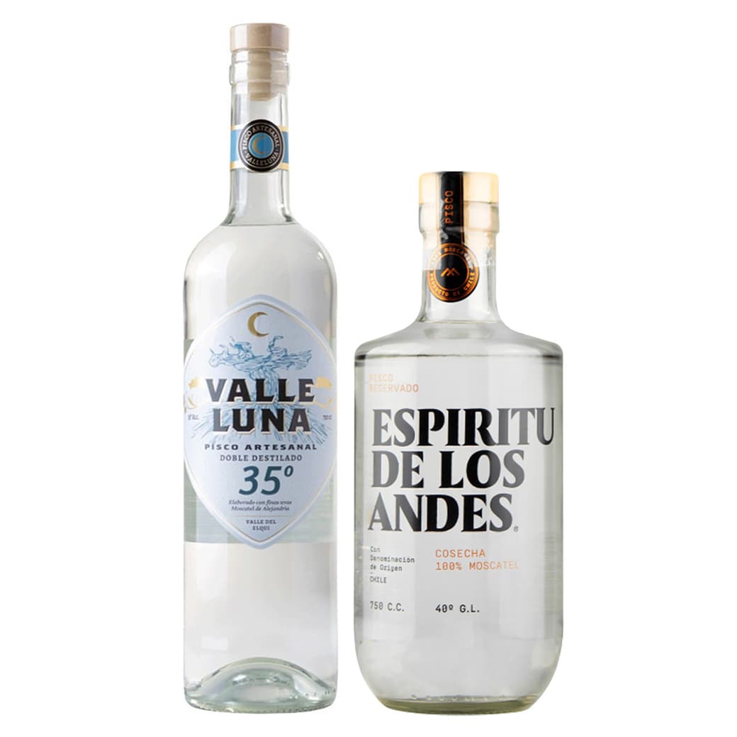 DUO PISCOS TRANSPARENTES N°2: 1x Pisco Valleluna Doble Destilado 750cc 35º alc. + 1x Pisco Espíritu de los Andes 750cc_1
