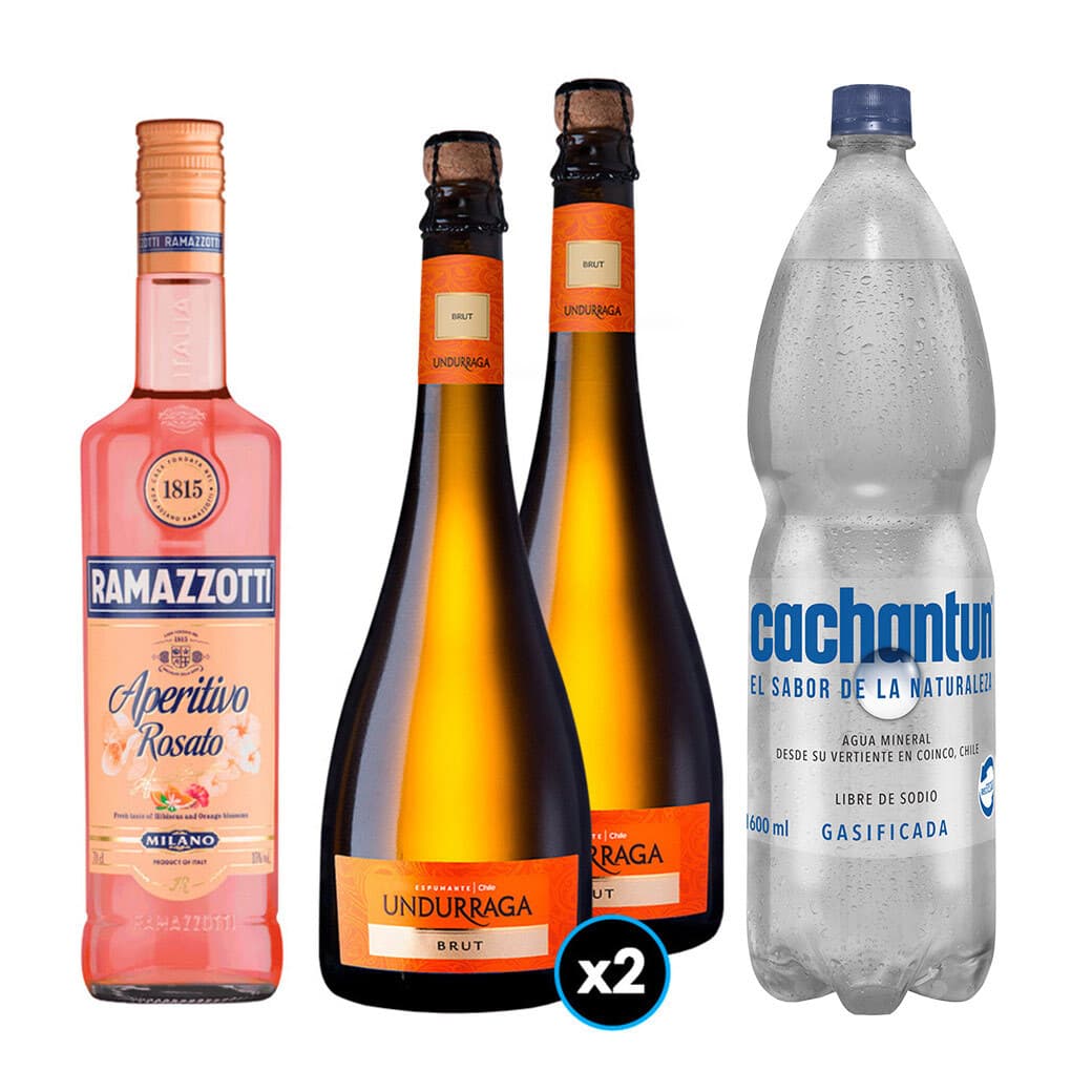 PACK SPRITZ PERFECTO N°12 1x Licor Aperitivo Ramazzotti Rosato 700cc + 2x Espumante Undurraga Brut + 1x Agua Mineral Cachantun Con Gas 1.6 Litros_1