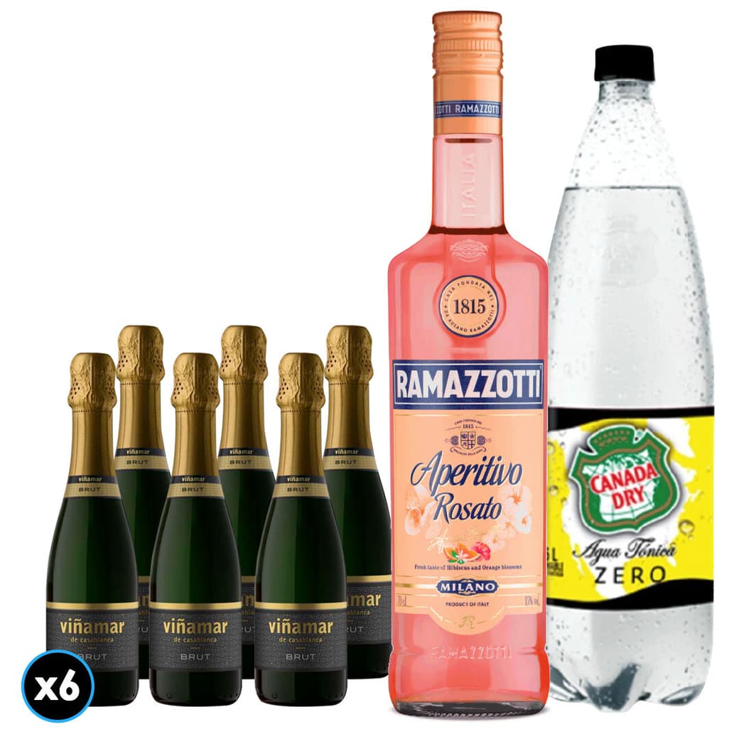 Pack Spritz Ramazzotti - Viñamar: 6x Viñamar Charmat Brut Botella 375cc + Agua Tónica Canada Dry Zero 1,5lt + Ramazzotti Rosatto 700cc_1