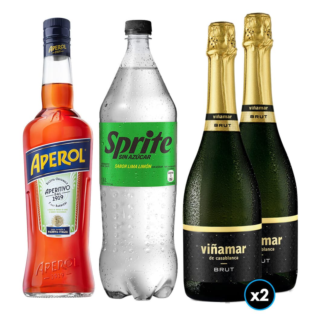 PACK SPRITZ PERFECTO N°3: 1x Licor Aperitivo Aperol 750cc + 1x Bebida Sprite Sin Azúcar 1.5 Litros + 2x Espumantes Viñamar Brut 750cc_1