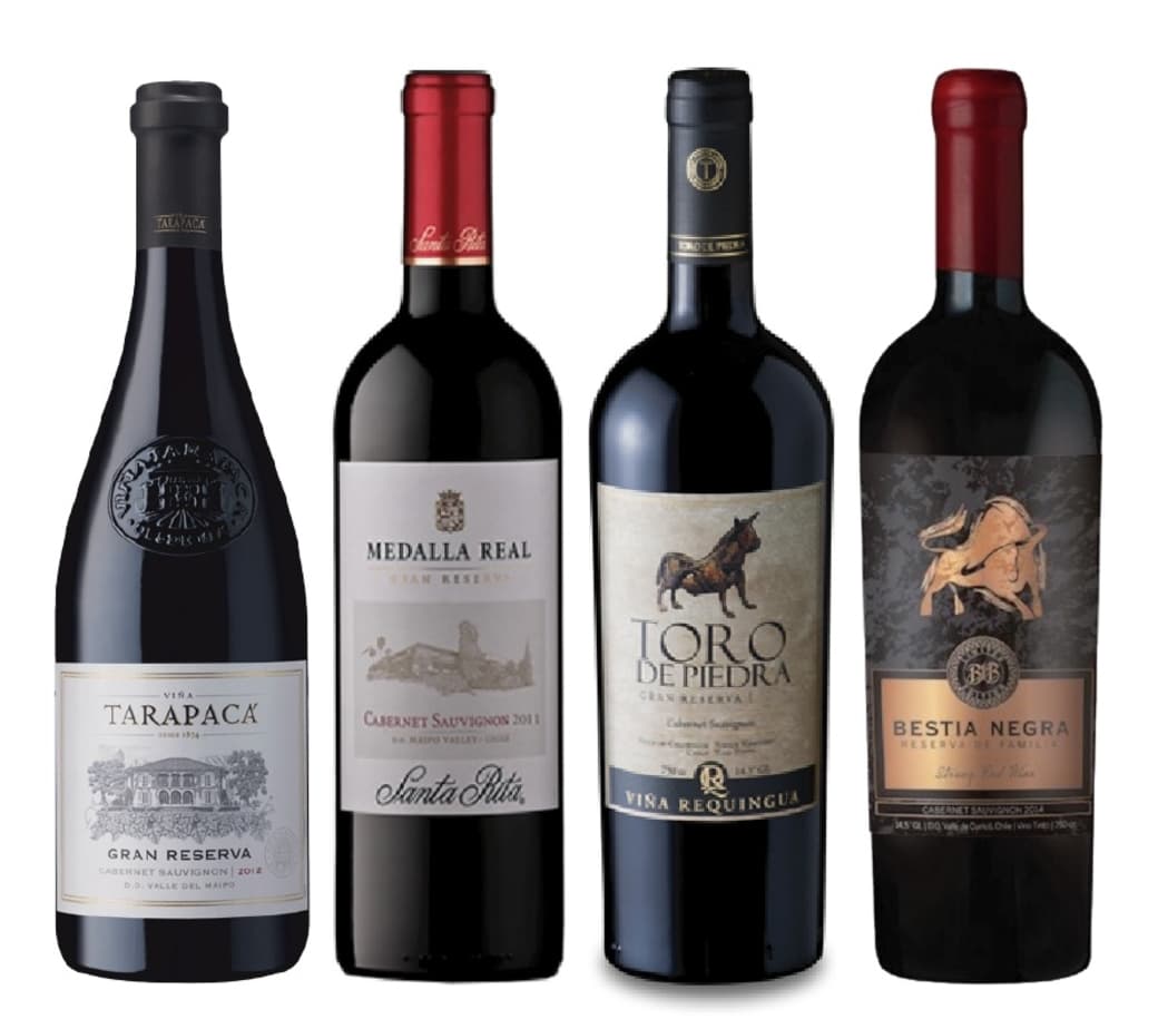 PACK CYBER GRAN RESERVA Nº3: Vino Tarapacá Gran Reserva Cabernet Sauvignon 750cc + Vino Medalla Real Gran Reserva Cabernet Sauvignon 750cc + Vino Toro de Piedra Cabernet Sauvignon 750cc + Vino Bestia Negra Cabernet Sauvignon 750cc_1