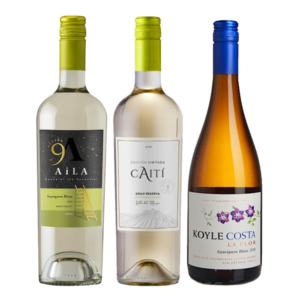 GRAN TRIO SAUVIGNON BLANC Nº3: 1x Vino Aila Heaven Gran Reserva Sauvignon Blanc 750cc + 1x Vino Caiti Gran Reserva Sauvignon Blanc 750cc + 1x Vino Koyle Costa La Flor Gran Reserva Sauvignon Blanc 750cc_1