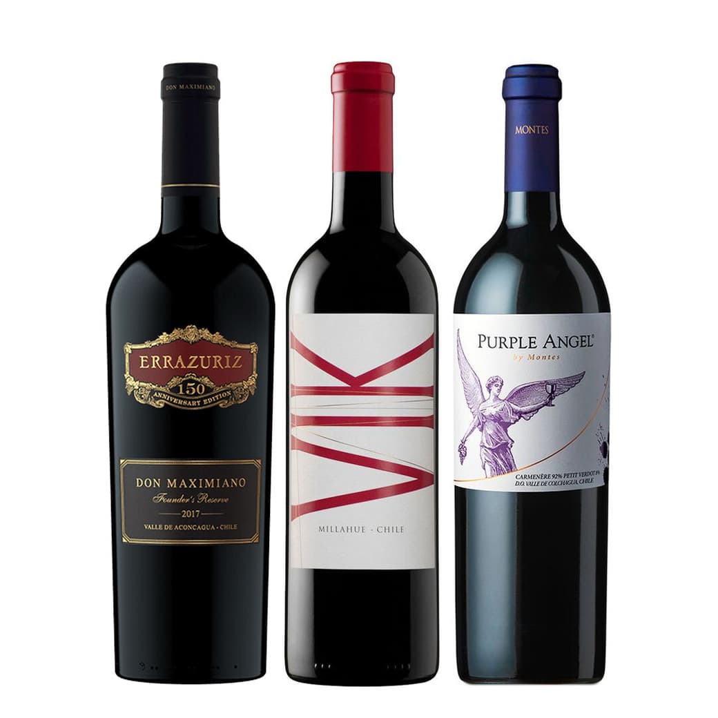 MASTER PACK VINOS ICONOS: 1x Vino Errazuriz Don Maximiano 750cc + 1x Vino VIK (CB/CA/CF/ME/SY) 750cc + 1x Vino Montes Purple Angel 750cc_1