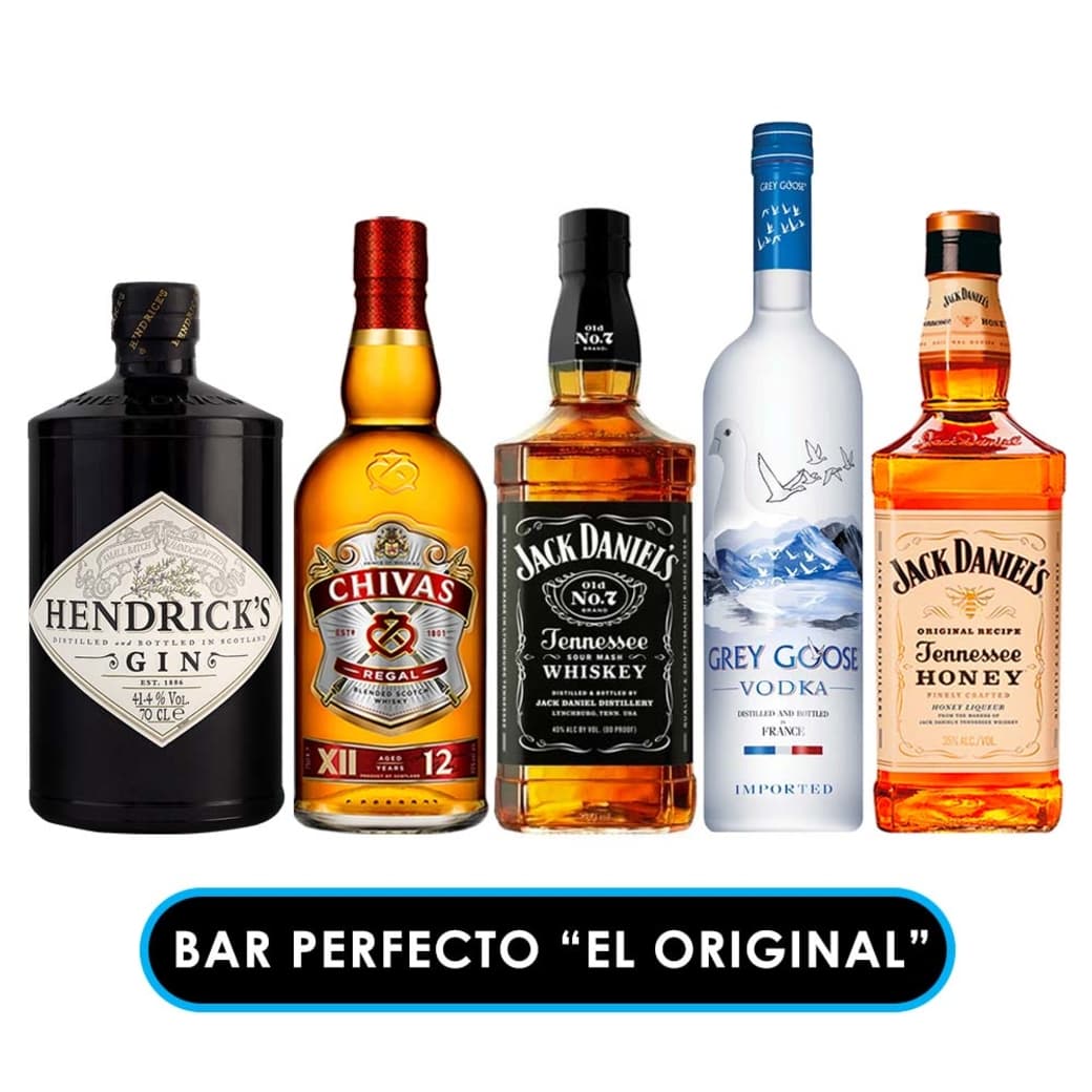 EL BAR PERFECTO "EL ORIGINAL": Gin Hendricks 700cc + Whisky Chivas Regal 12 años 750cc + Whiskey Jack Daniels 750cc + Vodka Grey Goose 750cc + Whiskey Jack Daniels Honey 750cc._1