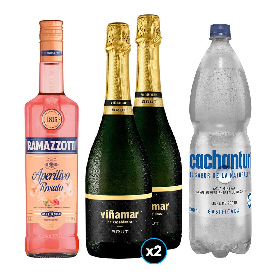 PACK SPRITZ PERFECTO N°13 1x Licor Aperitivo Ramazzotti Rosato 700cc + 2x Espumante Viñamar Charmat Brut 750cc + 1x Agua Mineral Cachantun Con Gas 1.6 Litros_1