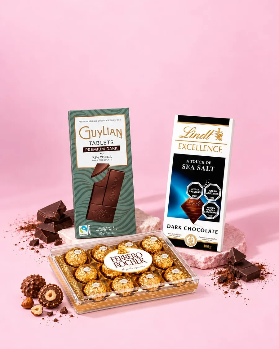 Chocolate Guylian 72%, Lindt Excellence Sea Salt y bombones Ferrero Rocher