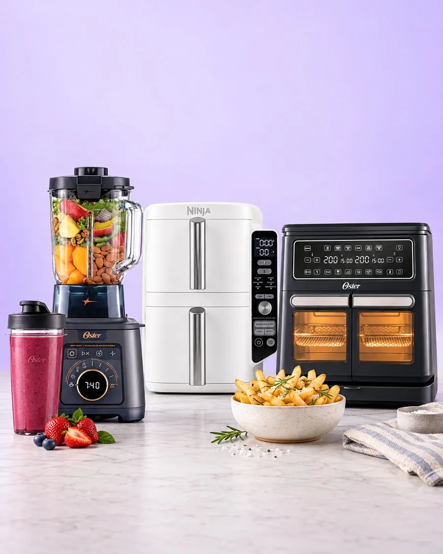 Licuadora Oster Titan y freidoras de aire Ninja y Oster en una cocina
