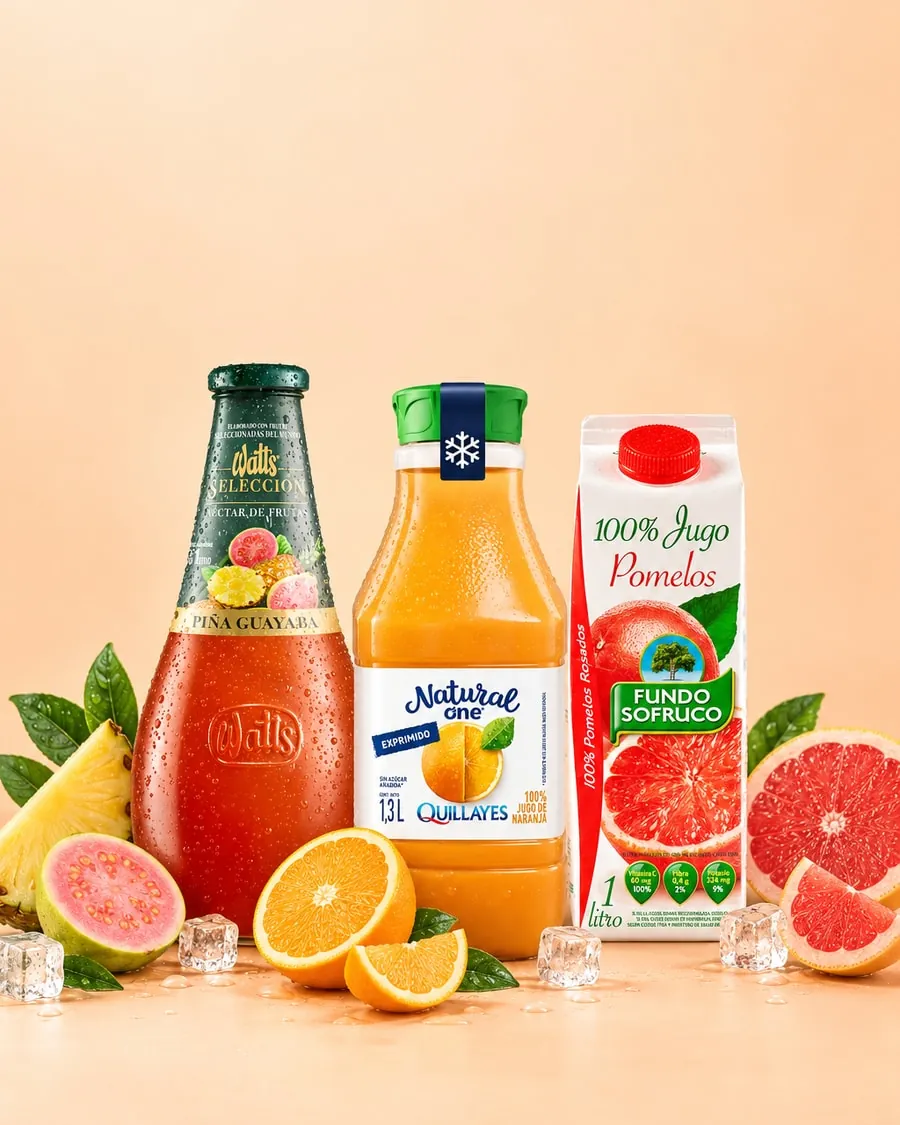 Jugos Watts piña-guayaba, Quillayes Natural One de naranja y Sofruco de pomelo con fruta fresca