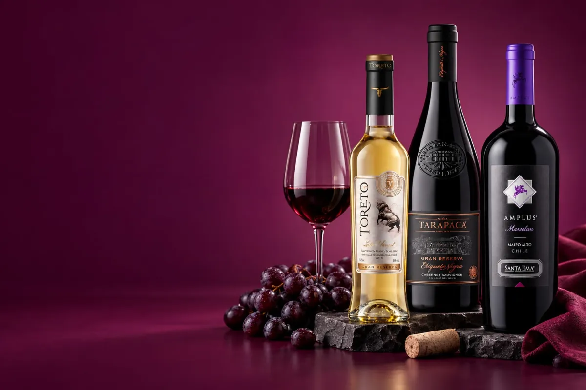 Vinos Toreto Late Harvest, Tarapacá Gran Reserva y Santa Ema Amplus Marselan con uvas y una copa