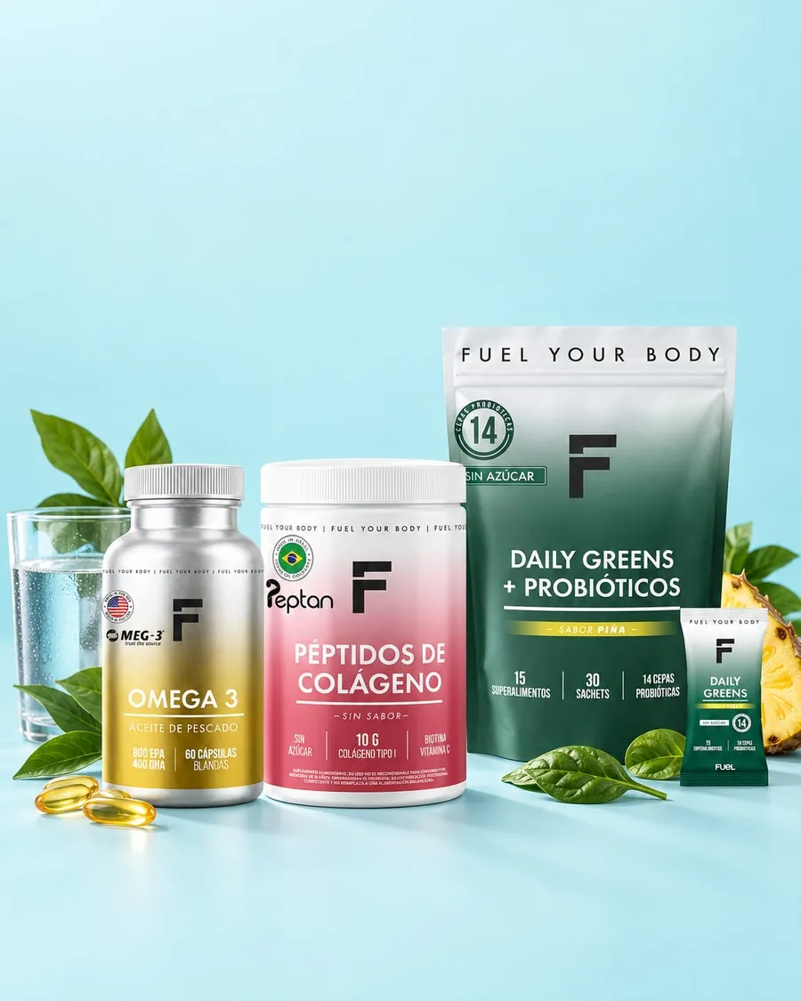 Omega 3, péptidos de colágeno y Daily Greens de Fuel Nutrition